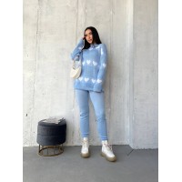 В'язаний жіночий костюм з серцями блакитного кольору 29420