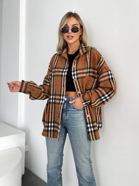 Кашемірова жіноча сорочка в клітинку коричневого кольору 29432