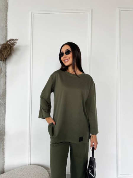 Жіночий прогулянковий костюм з теплого трикотажу кольору хакi 29706