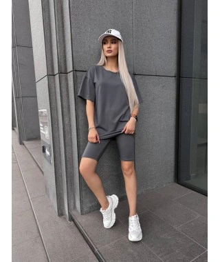 Женский спортивный комплект футболка+велосипедки графитового цвета 32289